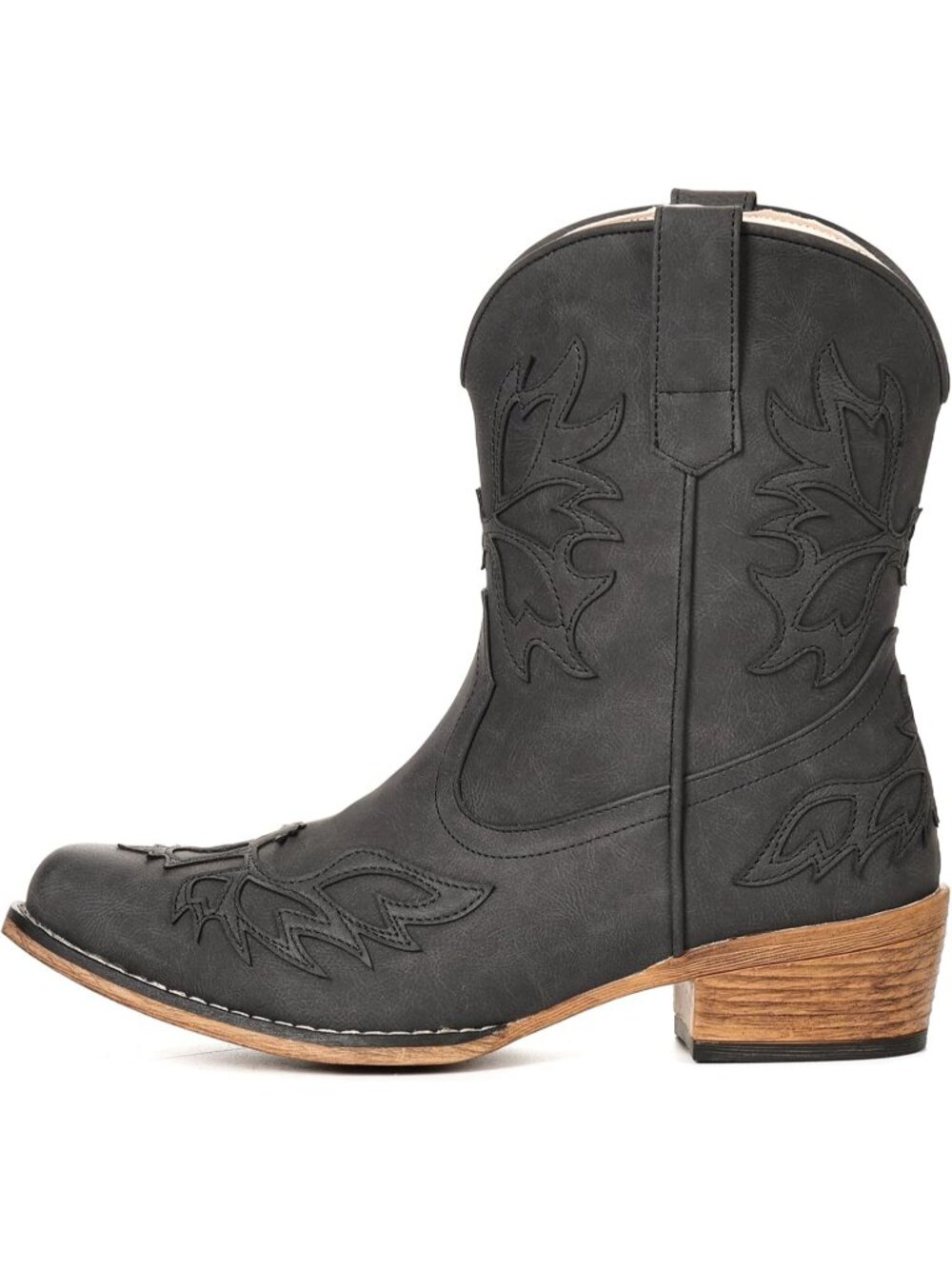 Women's Black Ankle Cowgirl Boots Embroidered Wide Fashion Low Chunky Heel